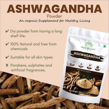 Smart Organics Ashwagandha Powder 100g - 100% Pure & Natural | Energy, Stress Relief, Immune Support | Herbal Supplement