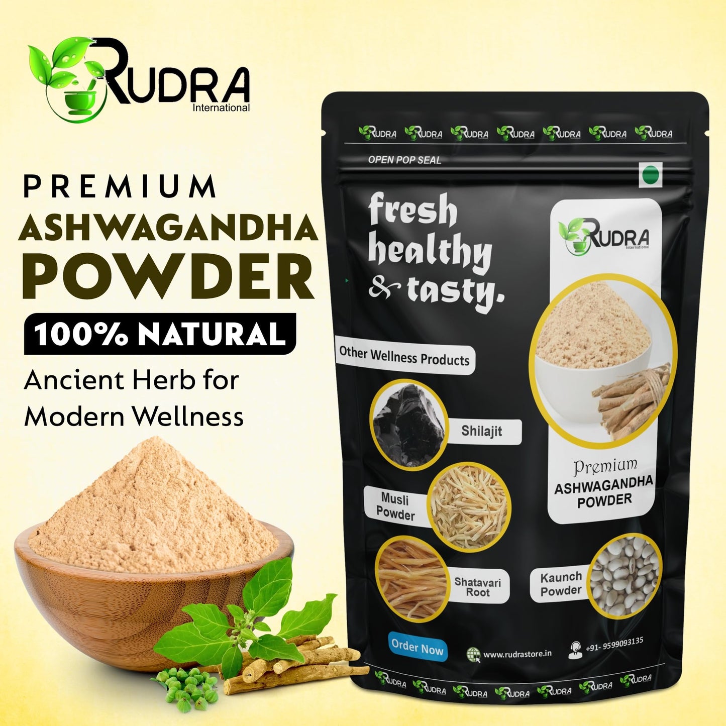 Rudra International Herbal Powder Combo – Safed Musli, Ashwagandha, Kaunch Beej & Shatavari – Ayurvedic Supplement for Stamina, Strength & Wellness & Reproductive Health Support - Pack of 4 (50g Each)