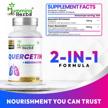 Humming Herbs Quercetin with Resveratrol Capsules | 2-in-1 Formula | 10,000 mg Potency | Supports Immune Health, Respiratory Function & Anti-Inflammatory Benefits | Vegan, 90 Capsules