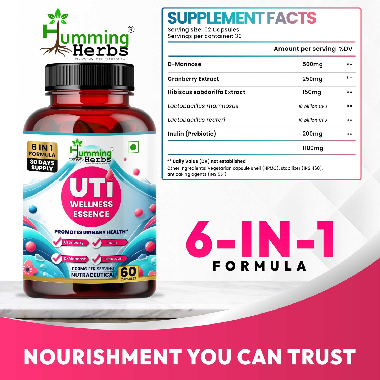Humming Herbs UTI Wellness Essence 1100mg - Advanced 8-in-1 Urinary Tract Support Formula with Cranberry, D-Mannose, & Probiotics - Promotes Bladder Health & Immunity