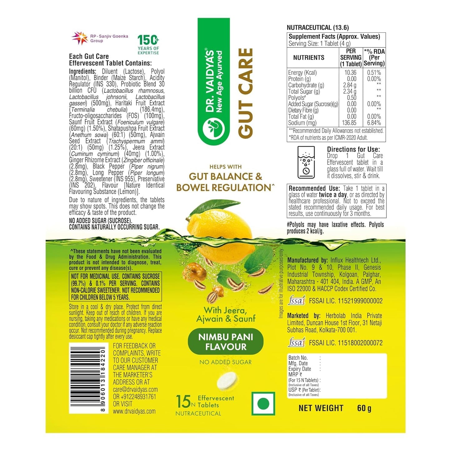 Dr. Vaidya’s Gut Care Effervescent Tablets | Helps reduce bloating & acidity, improves digestion, promotes gut health & regulates Bowel movement | Jeera, Ajwain, Saunf | Prebiotic & Probiotic Blend with healthy gut microbiome 15 Tablets (Pack of 2)