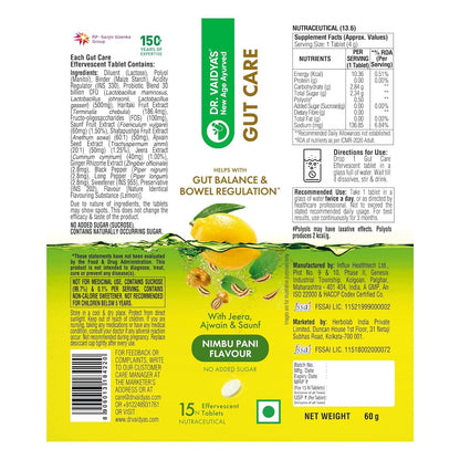 Dr. Vaidya’s Gut Care Effervescent Tablets | Helps reduce bloating & acidity, improves digestion, promotes gut health & regulates Bowel movement | Jeera, Ajwain, Saunf | Prebiotic & Probiotic Blend with healthy gut microbiome 15 Tablets (Pack of 2)