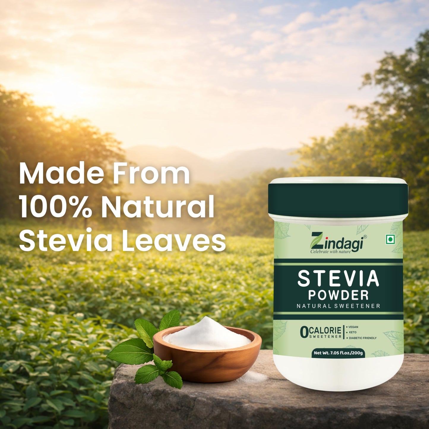 Zindagi Stevia Powder Sugar | Natural Sweetener | Zero Calorie Sugar Substitute | Keto & Veg Sugar | 200gm