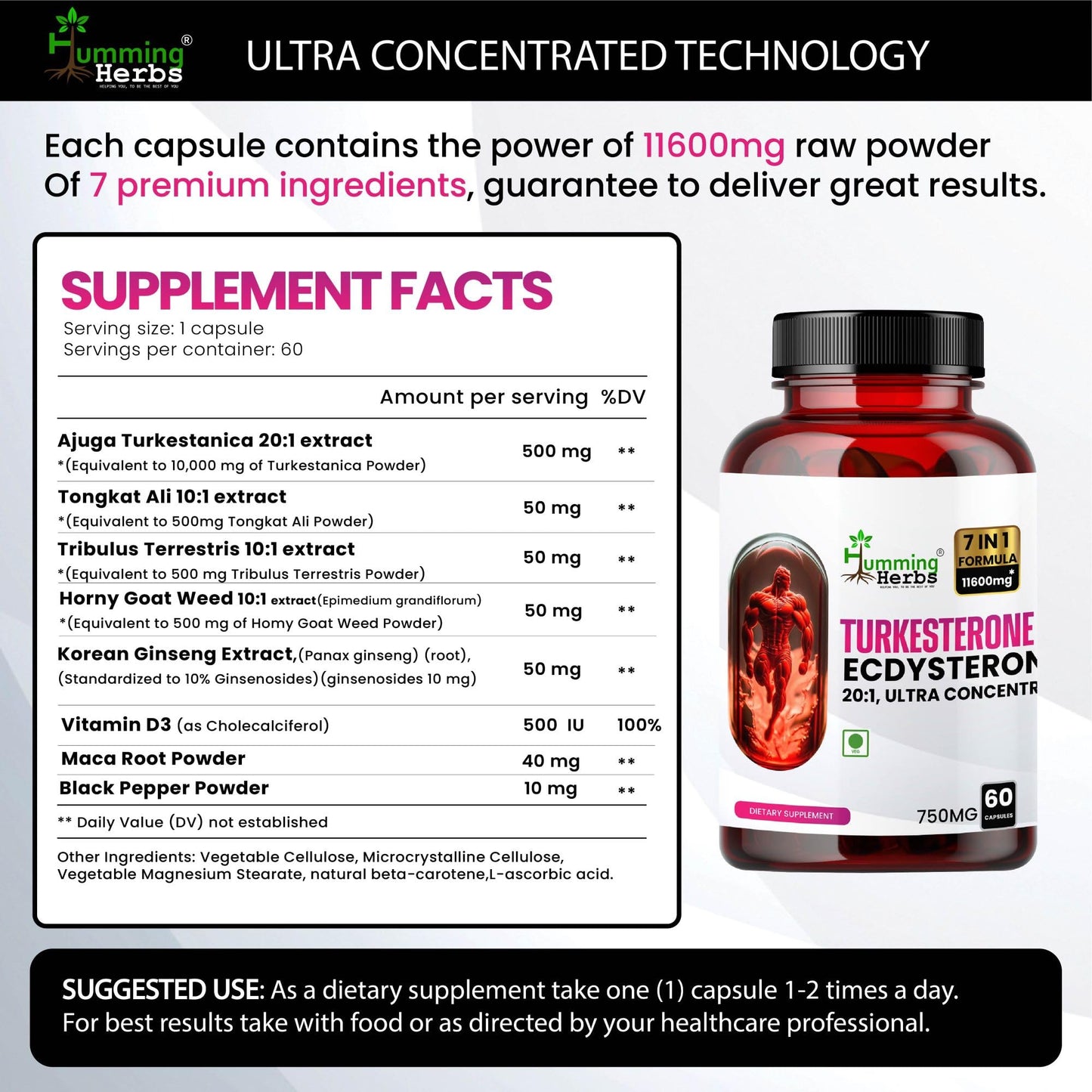 Humming Herbs Turkesterone Ecdysterone Ajuga Turkestanica Supplement with Tongkat Ali Horny Goat weed & maca | Boost Muscle Growth, Memory Support - 60 Capsules