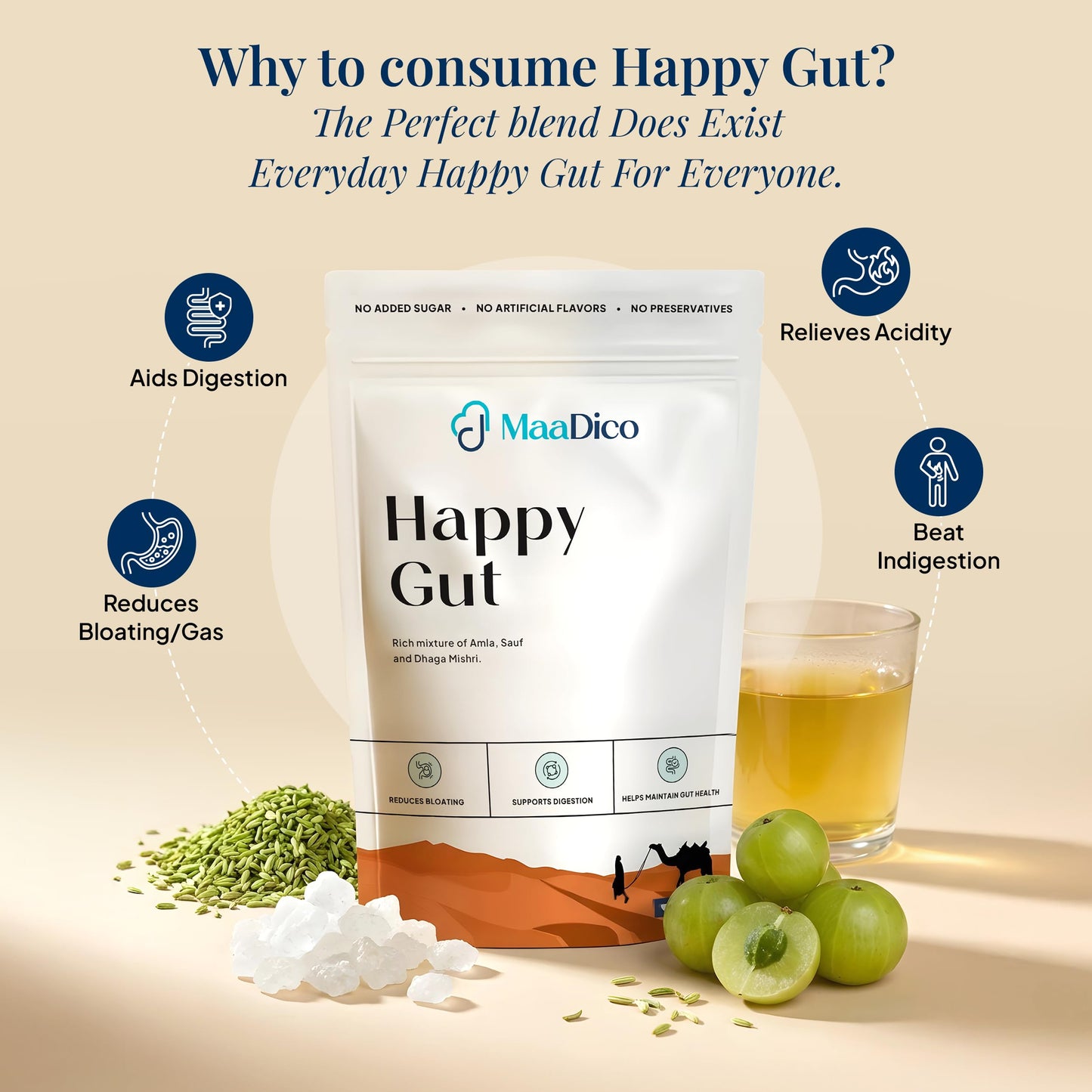 Maadico Gut Health Supplement Powder, 300 Gms | Natural Ayurvedic Herbal Powder for Digestion, Gut Comfort & Daily Wellness | With Amla, Saunf & Dhaga Mishri For Digestion | No Added Sugar |