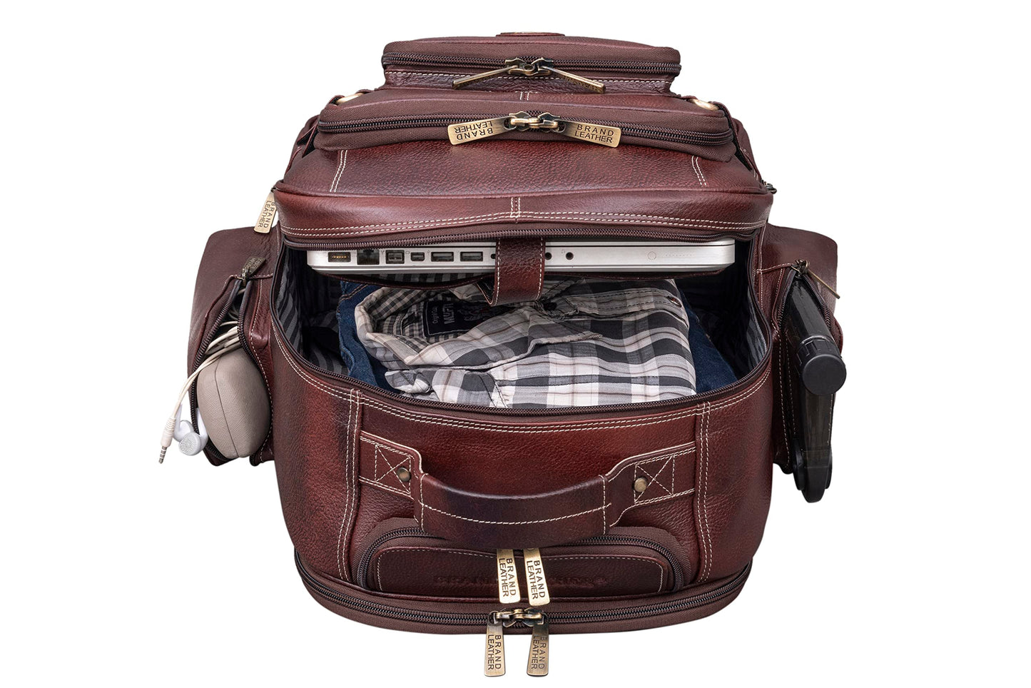 BRAND LEATHER Rolling Backpack Wheeled Laptop Backpack for Travel, Trolley Luggage Suitcase Compact Business Bag Student Laptop Bag for Men Women (BROWN)