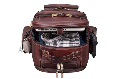 BRAND LEATHER Rolling Backpack Wheeled Laptop Backpack for Travel, Trolley Luggage Suitcase Compact Business Bag Student Laptop Bag for Men Women (BROWN)