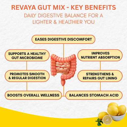 Revaya Gut Reset Detox Drink, Helps in Digestion and Bloating Relief | Ayurvedic Gut Health Formula & Digestion Support | Improve Gut Health with Licorice, Ginger, Fennel, Cumin & Milk Thistle | Gut Cleanser 14 Sachets, Lemon Flavour