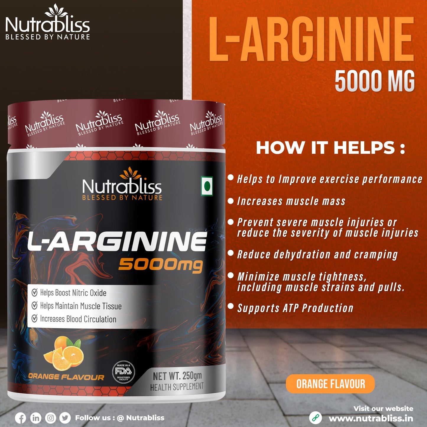 Nutrabliss L-Arginine 5000mg | Boost Nitric Oxide Levels, Enhance Muscle Recovery, Support Blood Circulation & Maintain Muscle Tissue, Amino Acid Supplement for Energy | 250 Gm Orange Flavor