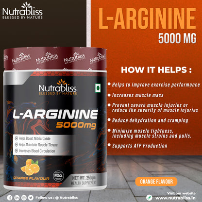 Nutrabliss L-Arginine 5000mg | Boost Nitric Oxide Levels, Enhance Muscle Recovery, Support Blood Circulation & Maintain Muscle Tissue, Amino Acid Supplement for Energy | 250 Gm Orange Flavor