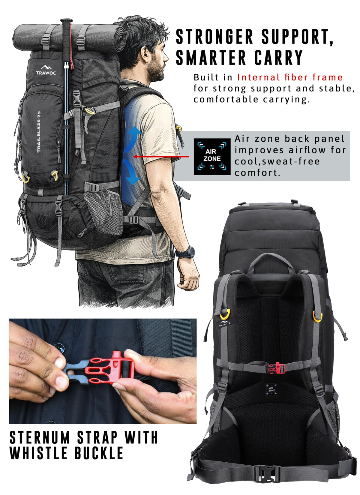 TRAWOC TRAILBLAZE 75 Liter Rucksack bag for Men & Women, Travel Backpack Camping Hiking Trekking Bag Rain Cover/Shoe Compartment, Black, 3 Year Warranty