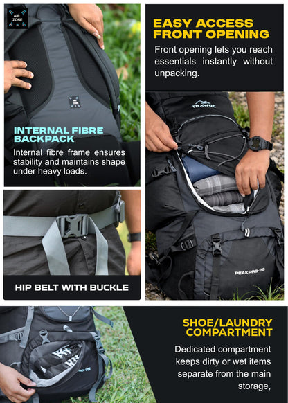 TRAWOC PEAKPRO 75 Liter Travel Backpack for Hiking Trekking Bag Camping Rucksack with Laptop Compartment/Rain Cover/Shoe Compartment BHK002, 3 Year Warranty, Black