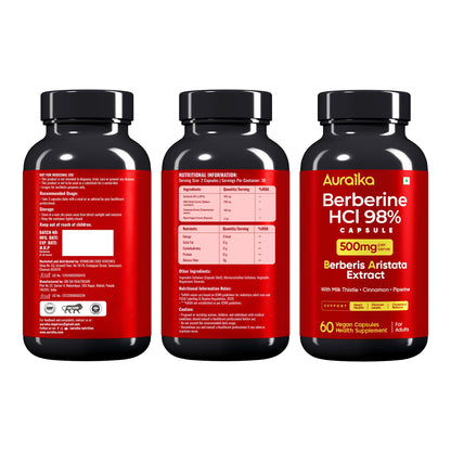 Auraika Berberine HCl 500mg Capsules | Berberine Supplement with Milk Thistle, Cinnamon & Black Pepper Extract | Supports Healthy Blood Sugar Levels, Liver Function & Weight Management | 60 Vegan Capsules