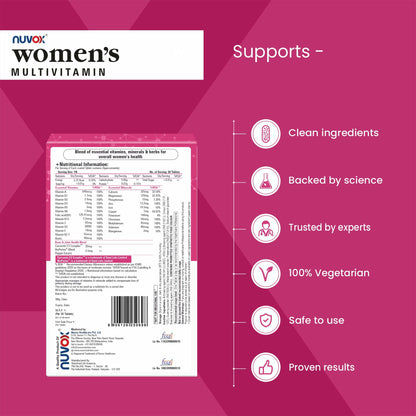 NUVOX Women's Multivitamin | For Women | With Vital Nutrients including Zinc,Magnesium,Vitamin B,C,D, Calcium for Energy, Immunity, Radiance, Strong Bones and Overall Health| Veg - 30 tablets