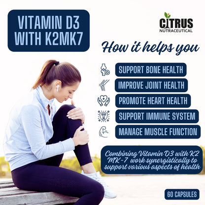 CITRUS NUTRACEUTICAL Vitamin D3 600IU with K2 MK7 55 mcg | For Bone, Calcium Absorption & Heart Health - 60 Veg Capsules