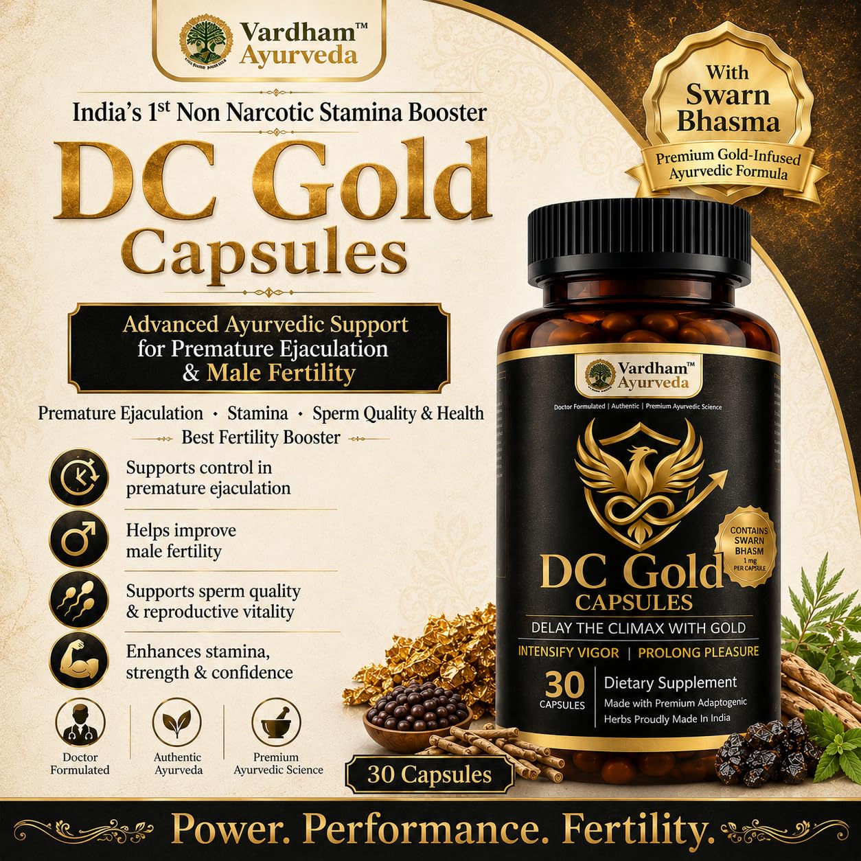 Vardham Ayurveda DC Gold Capsules | Ayurvedic Male Vitality & Fertility Support | Swarn Bhasma, Shilajit, Safed Musli & Kaunch Beej | Stamina, Strength & Sperm Health Support | 30 Capsules