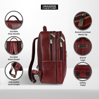 HAMMONDS FLYCATCHER Genuine Leather Laptop Backpack for Unisex - Stylish, Spacious Bag with 3 Compartments, Perfect for College, Work, and Travel - Upto 16 Inch Laptop - Brown