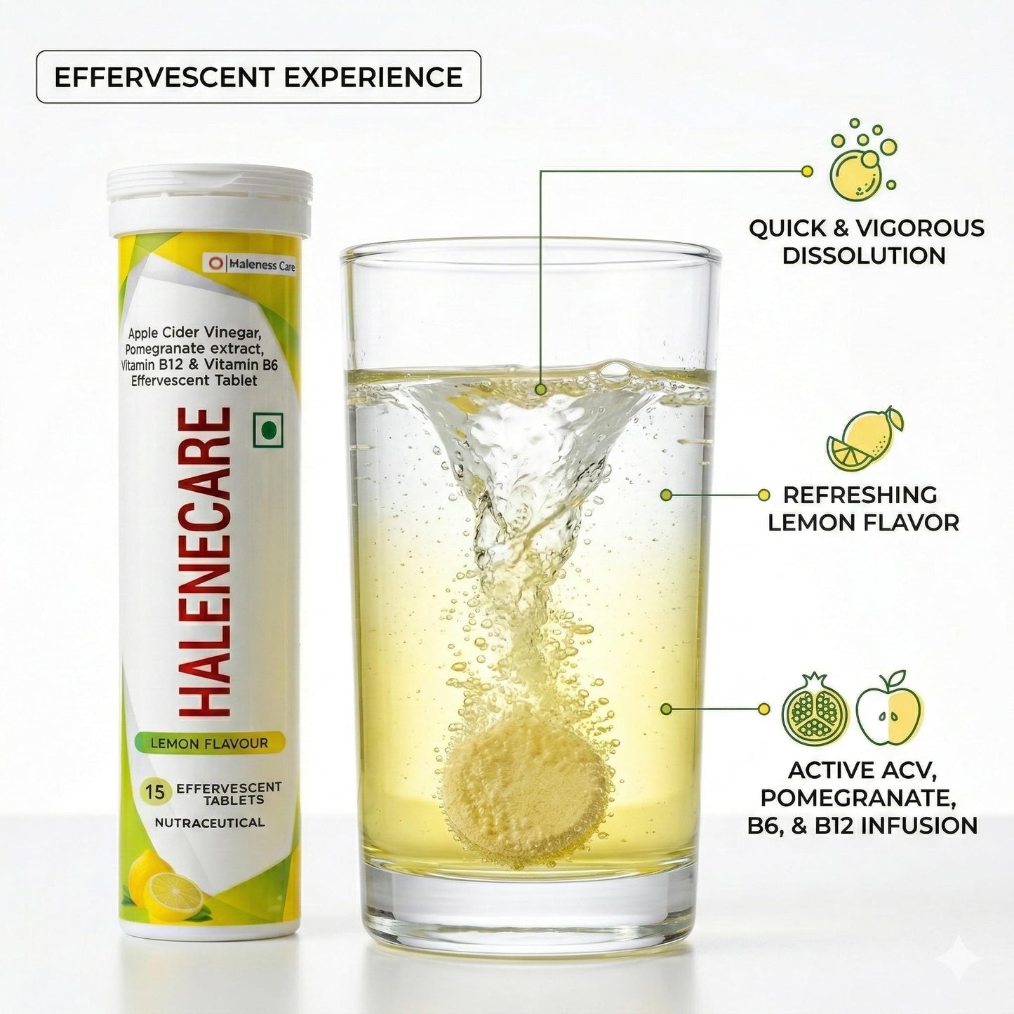 Haleness Care Apple Cider Vinegar Effervescent Tablets with Pomegranate Extract, Vitamin B12 & Vitamin B6, Lemon Flavour, 15 Tablets per Tube, Nutraceutical (Pack of 8 (2 Months), Lemon)