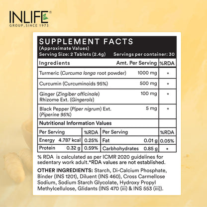 INLIFE Curcumin Tablets with Piperine | 95% Curcuminoids with Curcuma Longa Root Powder | Turmeric & Ginger Extract, 1605mg - 60 Tablets (Pack of 1)