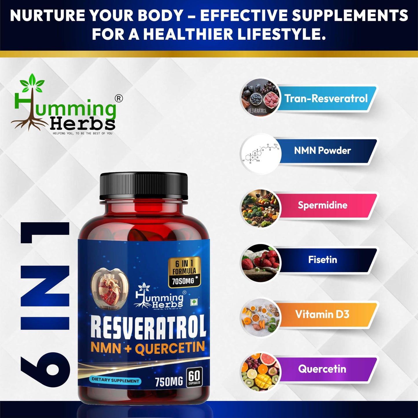 Humming Herbs Trans-Resveratrol 98% (High Purity & Bioavailable) with NMN, Quercetin, Fisetin & Spermidine – Antioxidant Support for Heart & Circulatory Wellness, Cellular Energy & Healthy Aging – 90 Vegetarian Caps