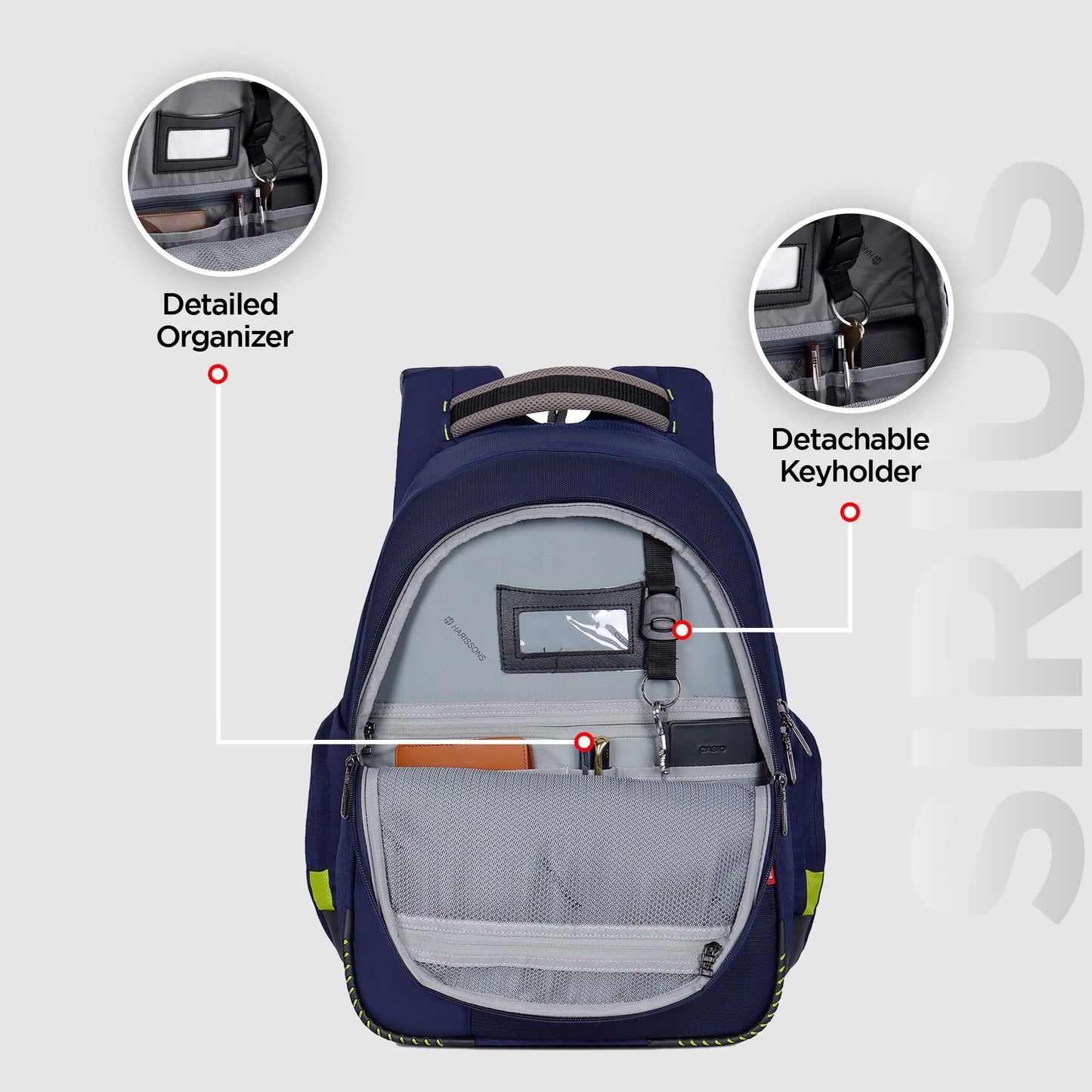 HARISSONS Sirius Travel Laptop Backpack | 45L | Fits 15.6” Laptop | Heavy-Duty Build | USB & Audio Port, Multi-Level Organizer, Trolley Sleeve | Work, Travel & College (Navy Blue)