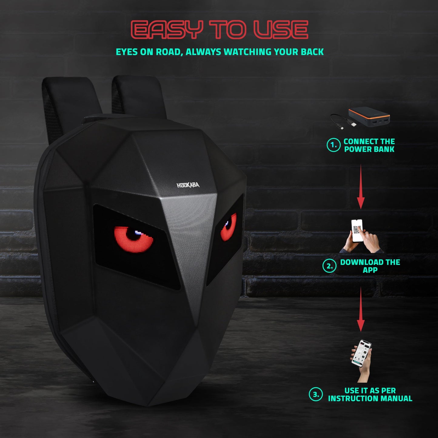 Hookaba Eye Rover LED Backpack 31L | Motorcycle Riding Bag with Programmable Screen | App Control & Water Resistant | Unisex Expandable Daypack for College, Travel, Laptop, Helmet (Eye Rover Junior)