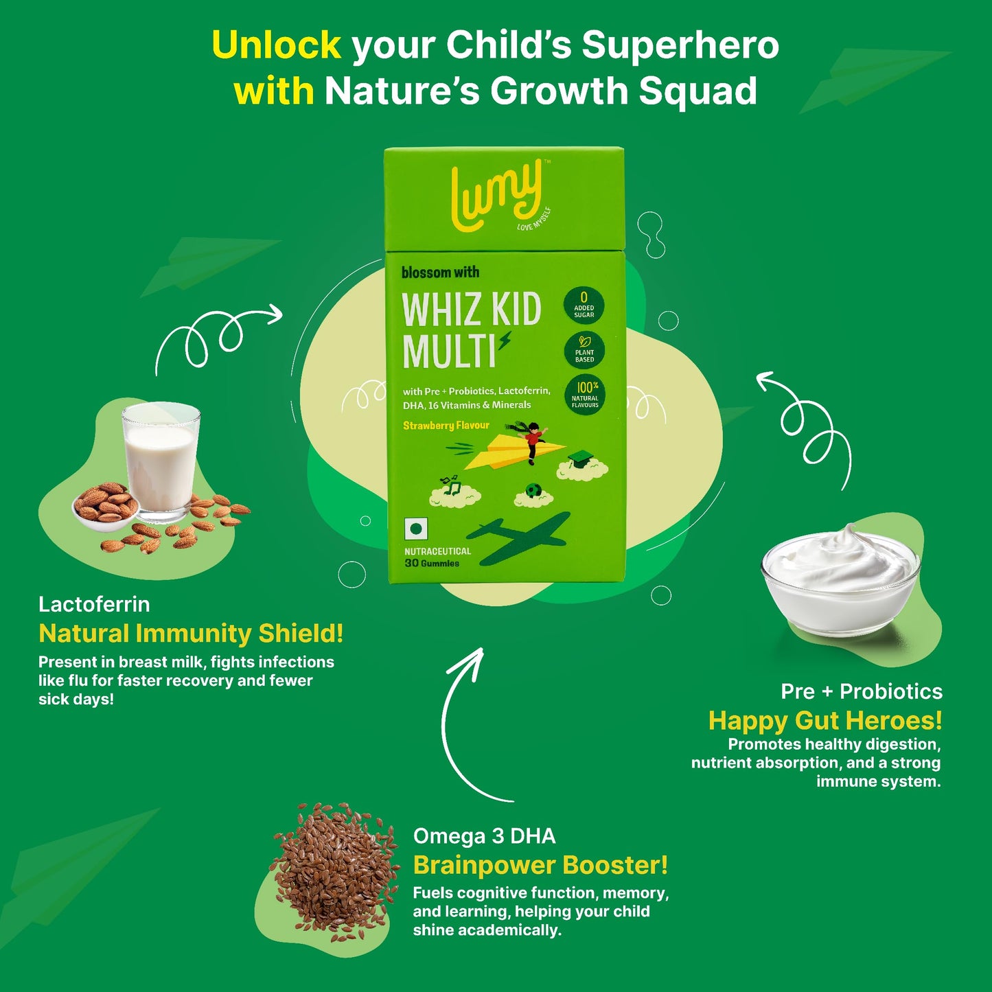 Lumy Whiz Kid MultiVitamin Gummies: Pre+Probiotic, DHA for Happy Gut, Bright Brains | Plant Vit D3 & Lactoferrin | Vit A,B,C, Zinc for Immunity, Vision & Bone Health | No Added Sugar, Veg | Age 7-15