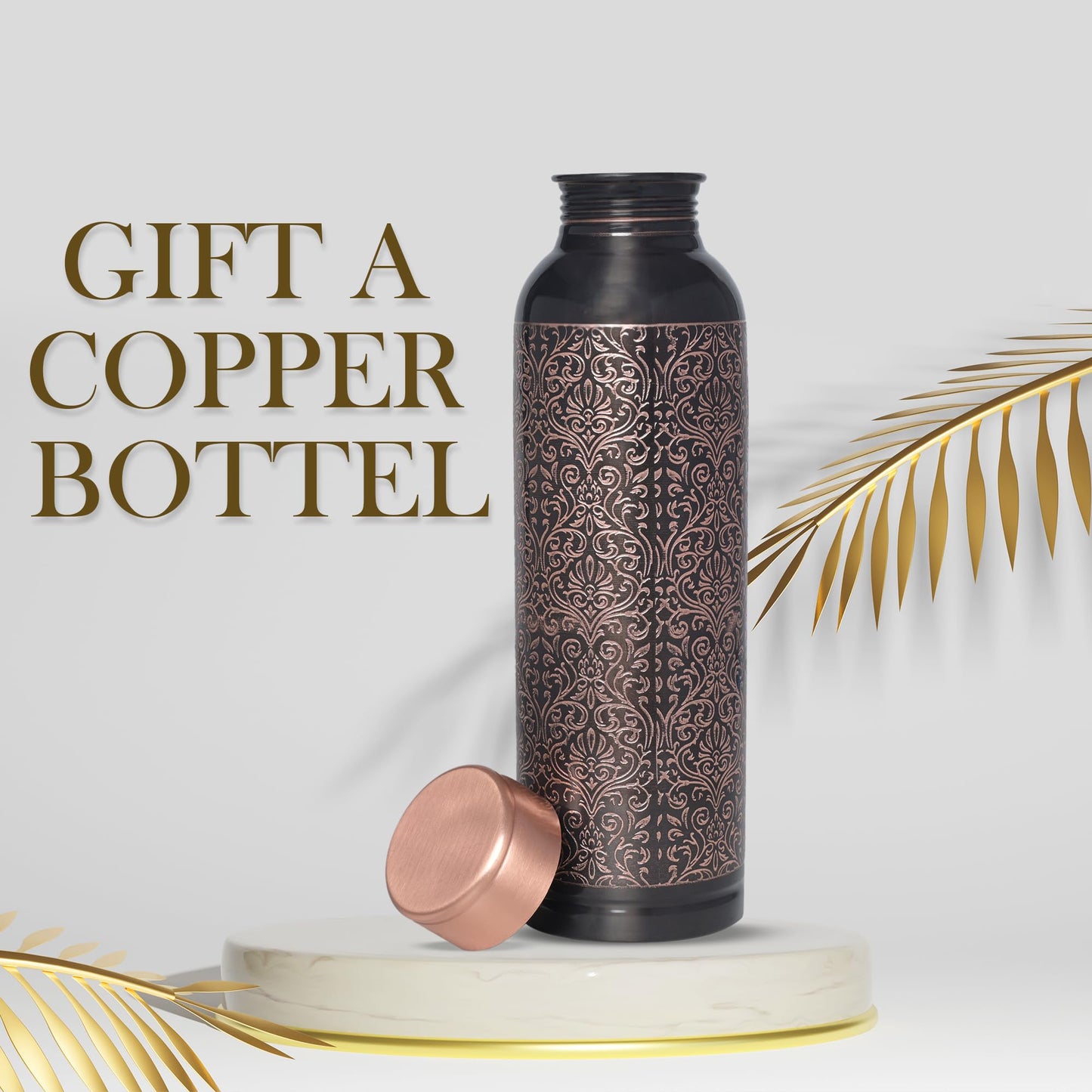 Di: Decorative India Premium Copper Carving Water Bottle With Black Antique Design Glossy Finish 1000Ml Joint Free And Leak Proof Bottle For Ayurvedic Health Benefits Yoga (Copper)