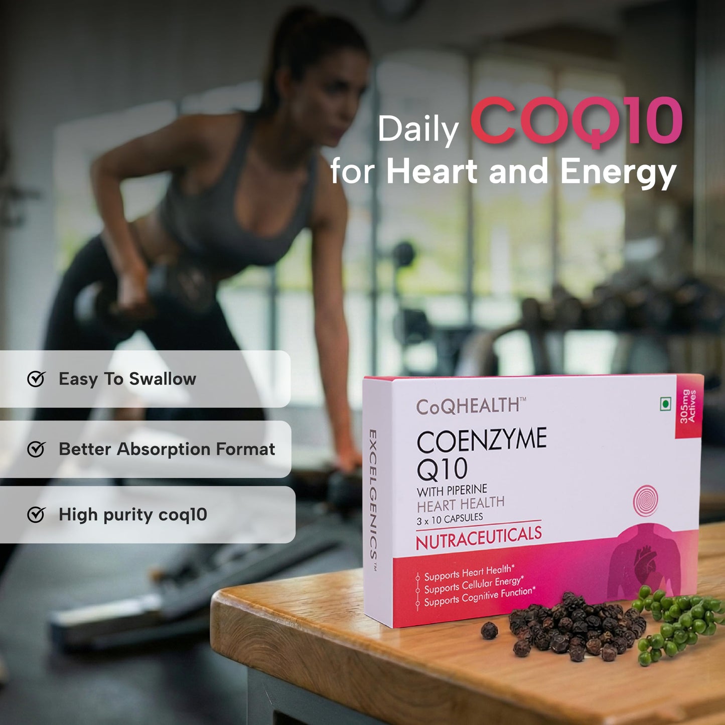 CoQHEALTH 300 mg | Coenzyme Q10 (Ubiquinone) + Piperine Supplement | Supports Cellular Energy, Heart Health & Cognitive Wellness | 30 Capsules | Vegetarian | Excelgenics