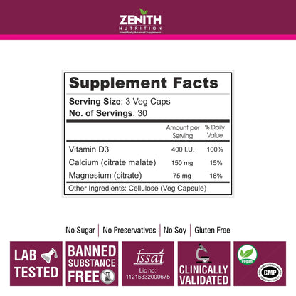 Zenith Nutrition Calcium Magnesium & Vitamin-D 90 Veg capsules | Joint Health | Bone Health