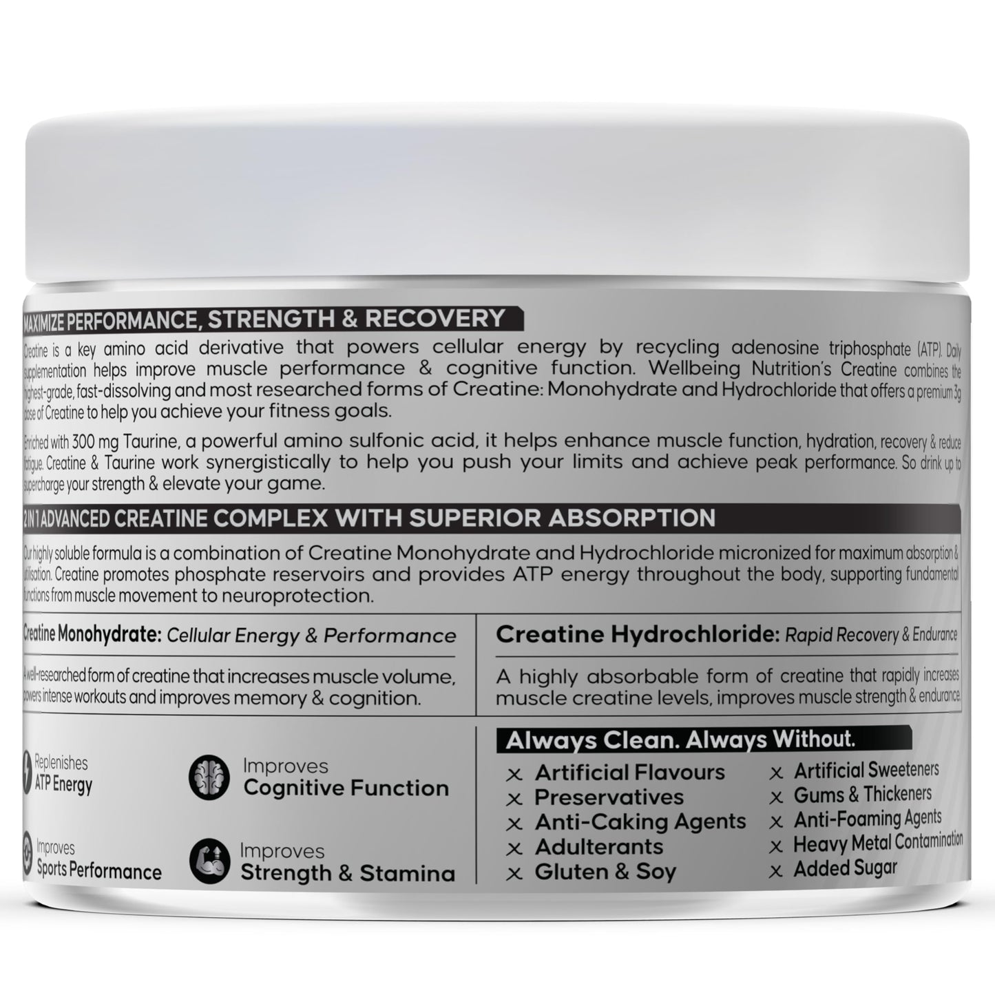 Wellbeing Nutrition 100% Pure Micronised Creatine Powder Monohydrate + HCL | Taurine | For Muscle Strength & Recovery, Muscle Growth & Cognition | Unflavoured,100g, 30 servings For Men & Women