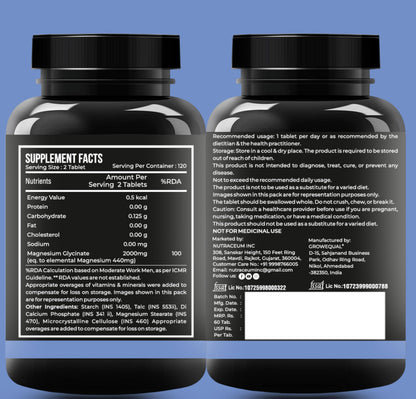 Nutrasium | Magnesium Glycinate 2000 mg | Chealated Magnesium Supplement For Natural Sleep, Muscle Relaxation, Nerve Function, Heart & Bone Health, Stress & Calmness | 120 Tablets