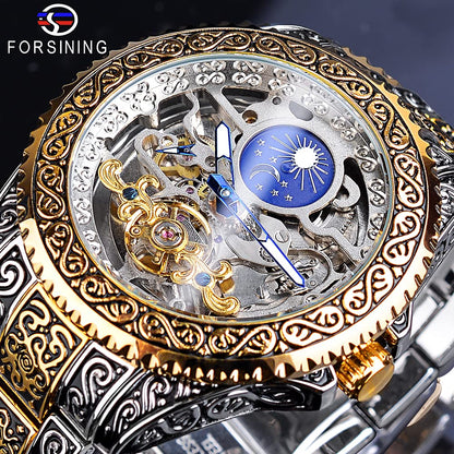 FORSINING Stainless Steel Retro Analog Watch For Men Carved Self-Wind Mechanical Tattoo Tourbillon Moon Phase Independent Seconds Skeleton Automatic Big Dial Wrist Watches, Gold, Mechanical