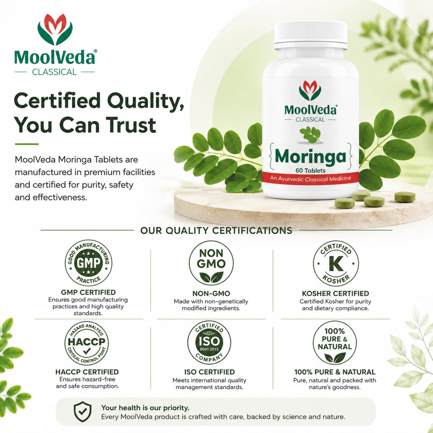 Moolveda Moringa Tablets 60 Veg Tablets | Natural Energy Support | Immune Health Support | Herbal Moringa Supplement for Skin & Hair