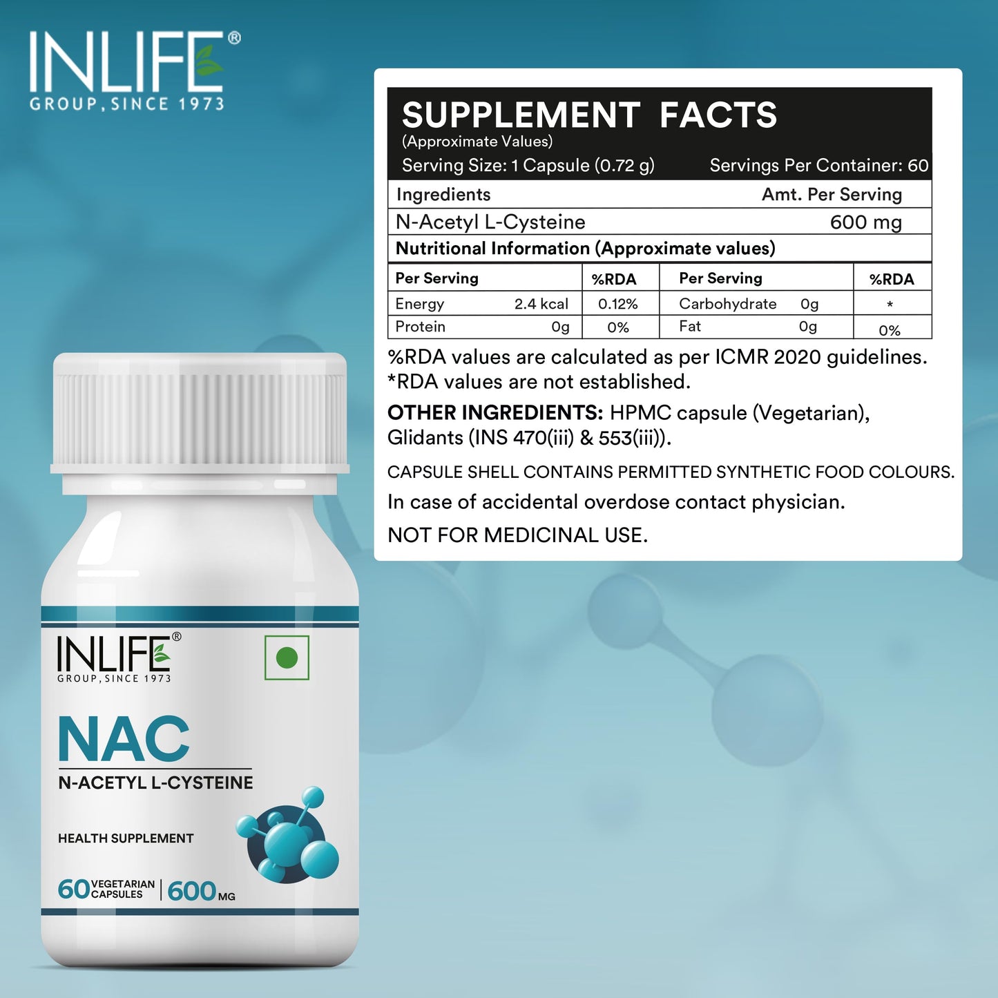 INLIFE N Acetyl Cysteine NAC 600mg, Antioxidant Support for Respiratory Health & Immunity Supplement, Men Women, 60 Veg Capsules (Pack of 1)