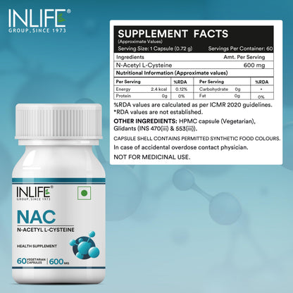 INLIFE N Acetyl Cysteine NAC 600mg, Antioxidant Support for Respiratory Health & Immunity Supplement, Men Women, 60 Veg Capsules (Pack of 1)