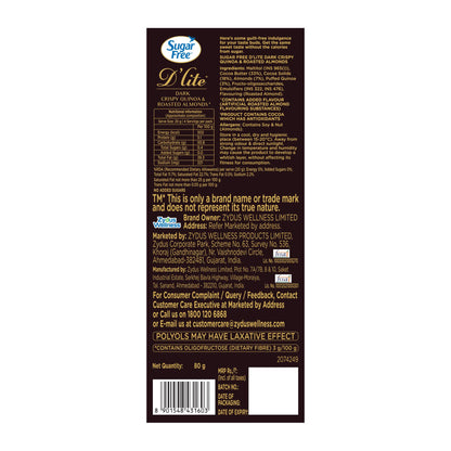 Sugar Free D'lite Dark Chocolate | Quinoa & Almonds Dark Chocolate Bar | Pack Of 1 (80 Gram) | No Added Sugar | Keto Friendly & Vegan | Gluten Free | Guilt Free Extreme Delight With 50% Cocoa