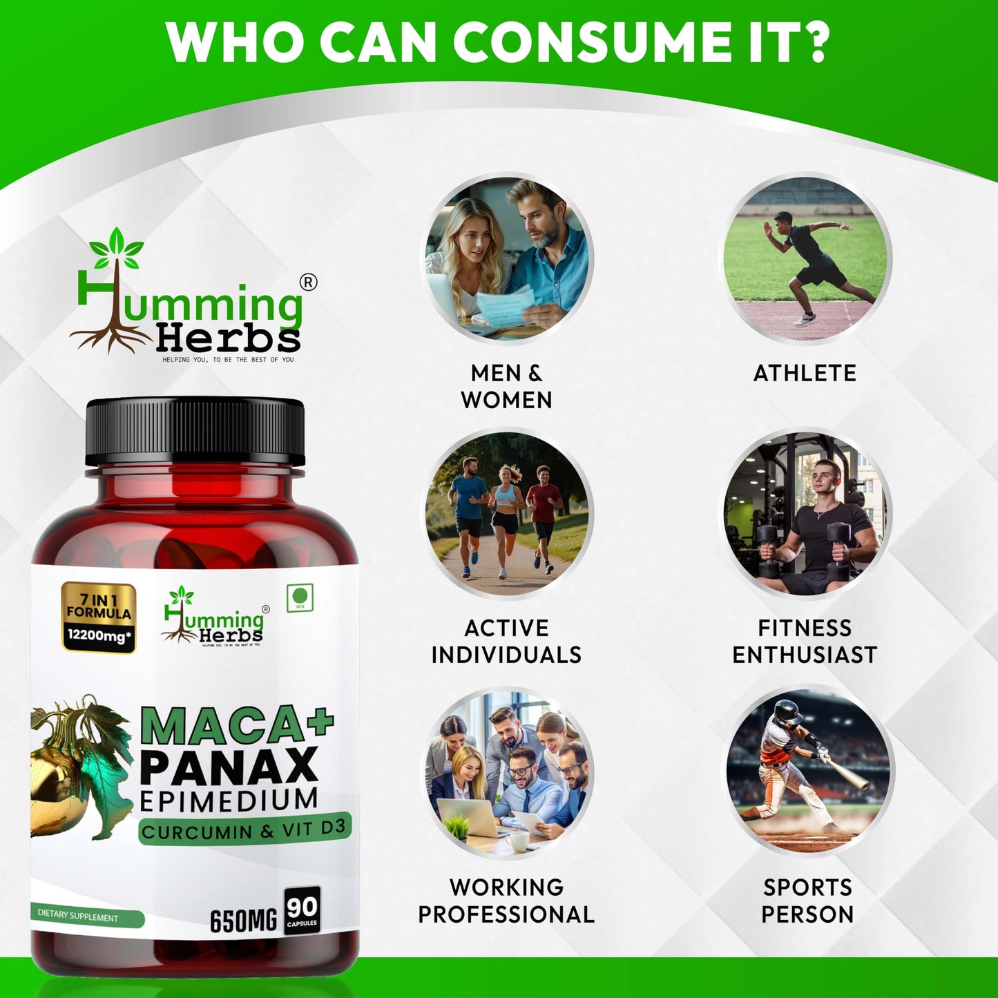 Humming Herbs Maca with Panax Ginseng Supplements 7200mg | Maca Root Extract Powder | Increase Stamina and Build Muscle - 90 Capsules