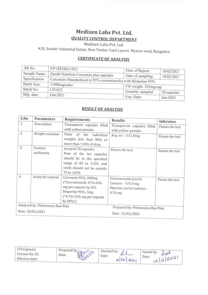 Zenith Nutrition Curcumin Plus with Piperine 500 mg - 60 Veg Capsules