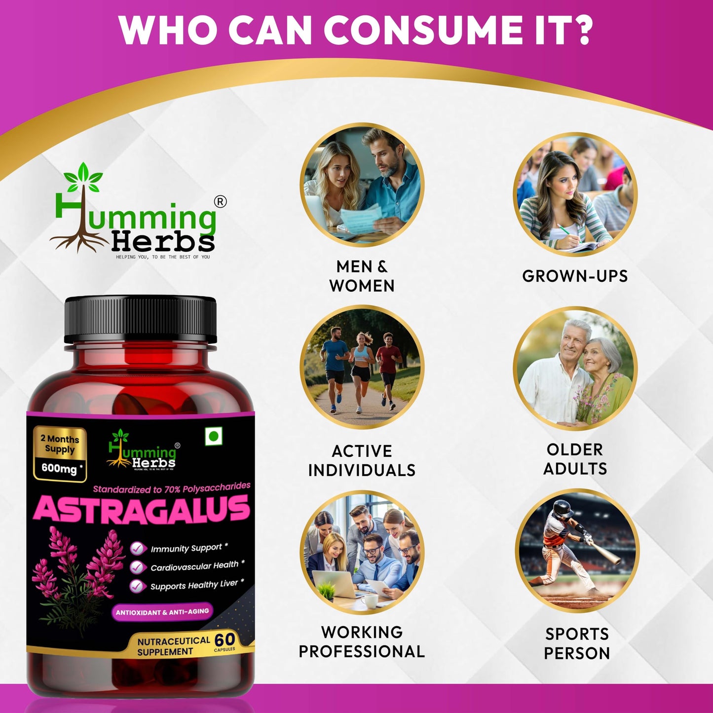 Humming Herbs Astragalus Root Extract Capsules - Supports Immune System, Cardiovascular & Liver Health - Natural Antioxidant & Anti-Aging Supplement