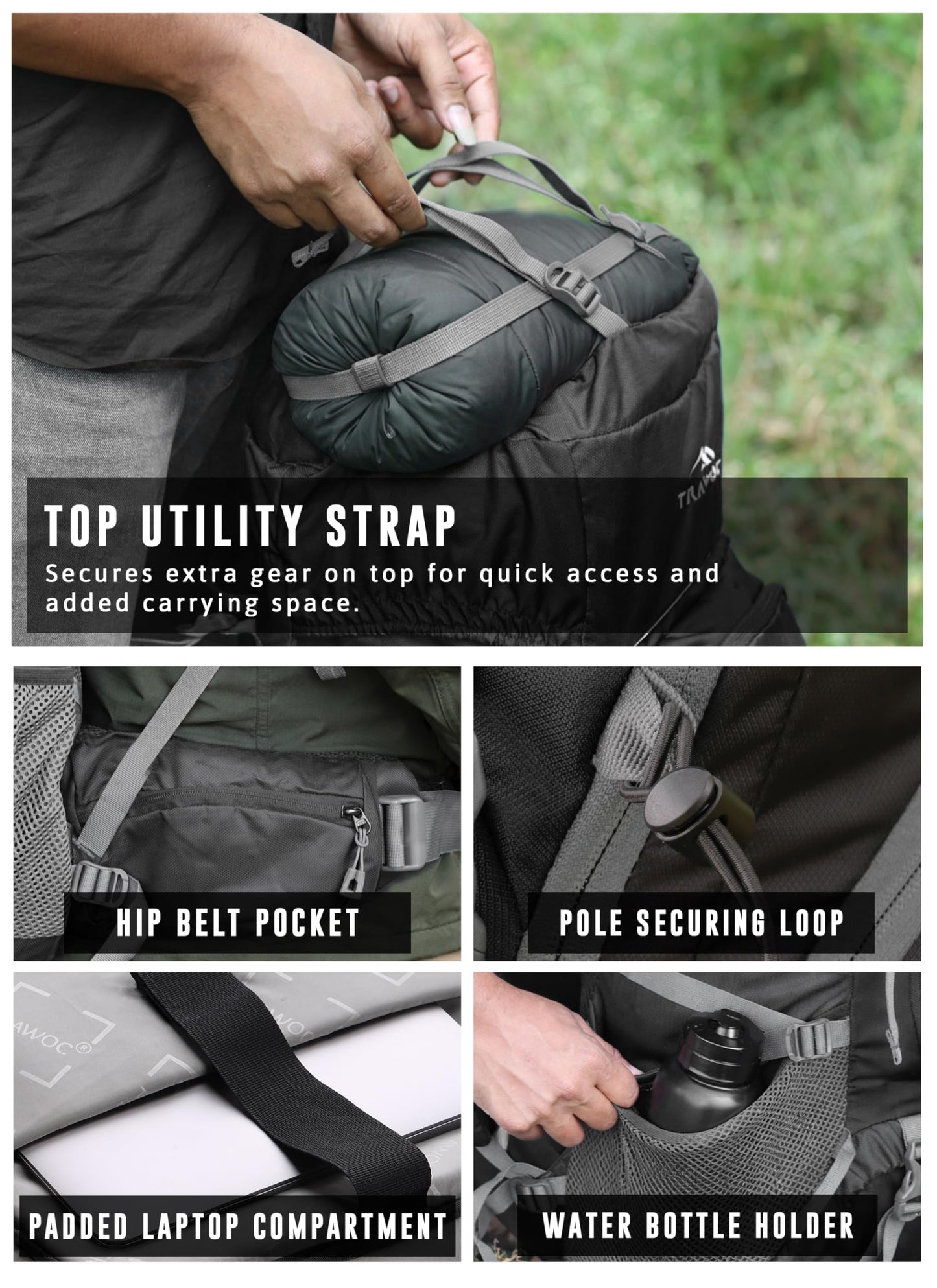 TRAWOC TRAILBLAZE 75 Liter Rucksack bag for Men & Women, Travel Backpack Camping Hiking Trekking Bag Rain Cover/Shoe Compartment, Black, 3 Year Warranty