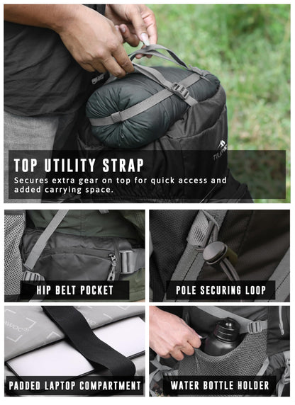 TRAWOC TRAILBLAZE 75 Liter Rucksack bag for Men & Women, Travel Backpack Camping Hiking Trekking Bag Rain Cover/Shoe Compartment, Black, 3 Year Warranty