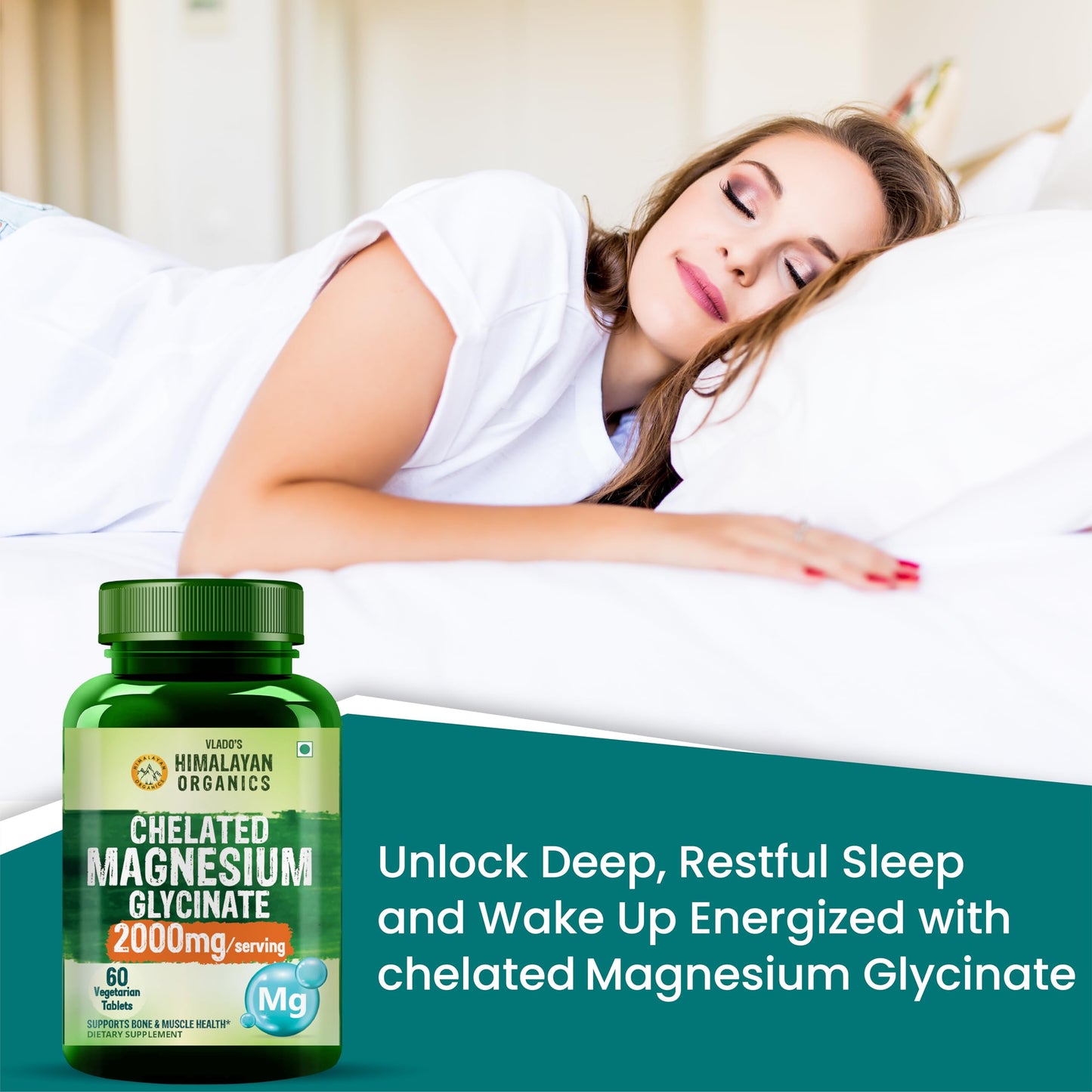 Vlado's Himalayan Organics Chelated Magnesium Glycinate Supplement 2000mg Per Serving | Magnesium Supplement Supports | Clinically Approven | Muscle Recovery & Better Sleep - 60 Veg Tablets