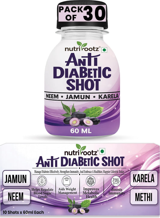 NUTRIROOTZ ANTI DIABETIC SHOT 60ML (PACK OF 30) | Diabetic Care Supplement | Helps Control Blood Sugar Level with Neem, Karela, Jamun, Methi & Bhui Amla | Ayurvedic Diabetic Care | Dia Free Juice For Diabetis, Digestion & Weight Management