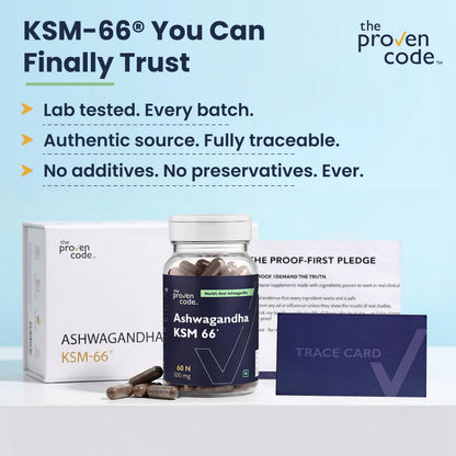 The Proven Code Ashwagandha KSM-66® 500mg | Lab Tested | 50+ Clinical Trials | 5% Withanolides | 100% Root Extract | Stress, Sleep, Energy & Immunity Support | 60 Capsules