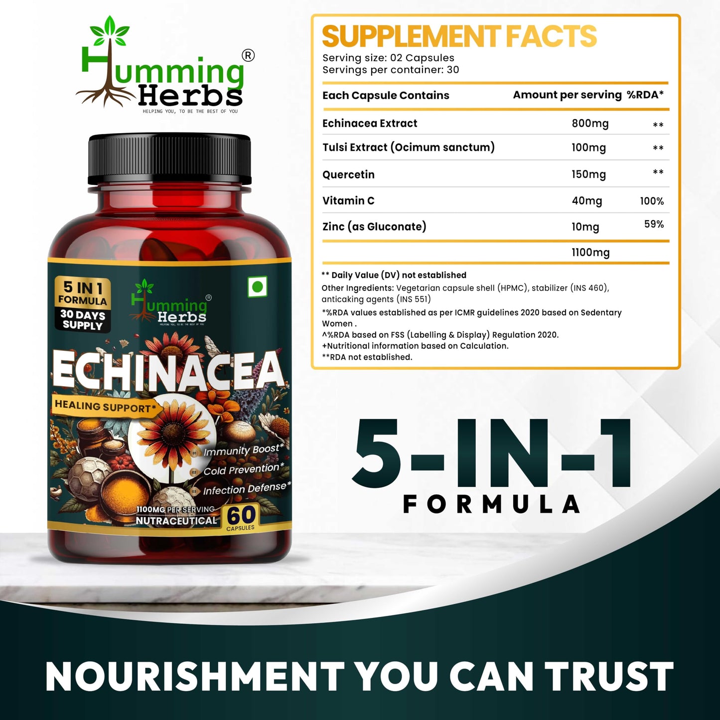 Humming Herbs Echinacea 1200mg with Elderberry & Bee Propolis - Immune Support Complex for Cold Prevention & Healing - Antioxidant, Immunity Boosting & Defense From Infection