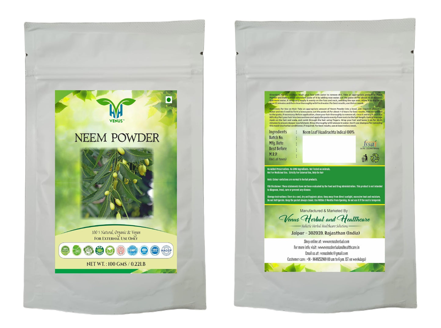 VENUS Unisex Neem Powder For Hair Care | Natural - 100% Ground Azadirachta Indica Leaves (100 Grams)