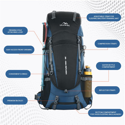 TRAWOC VENTURE PRO 65 Liter Internal Frame Camping Trekking Hiking Backpack Travel Bag for Men & Women Front & Top Loading Rucksack/Water Proof Rain Cover/Shoe Compartment, HK011 English Blue
