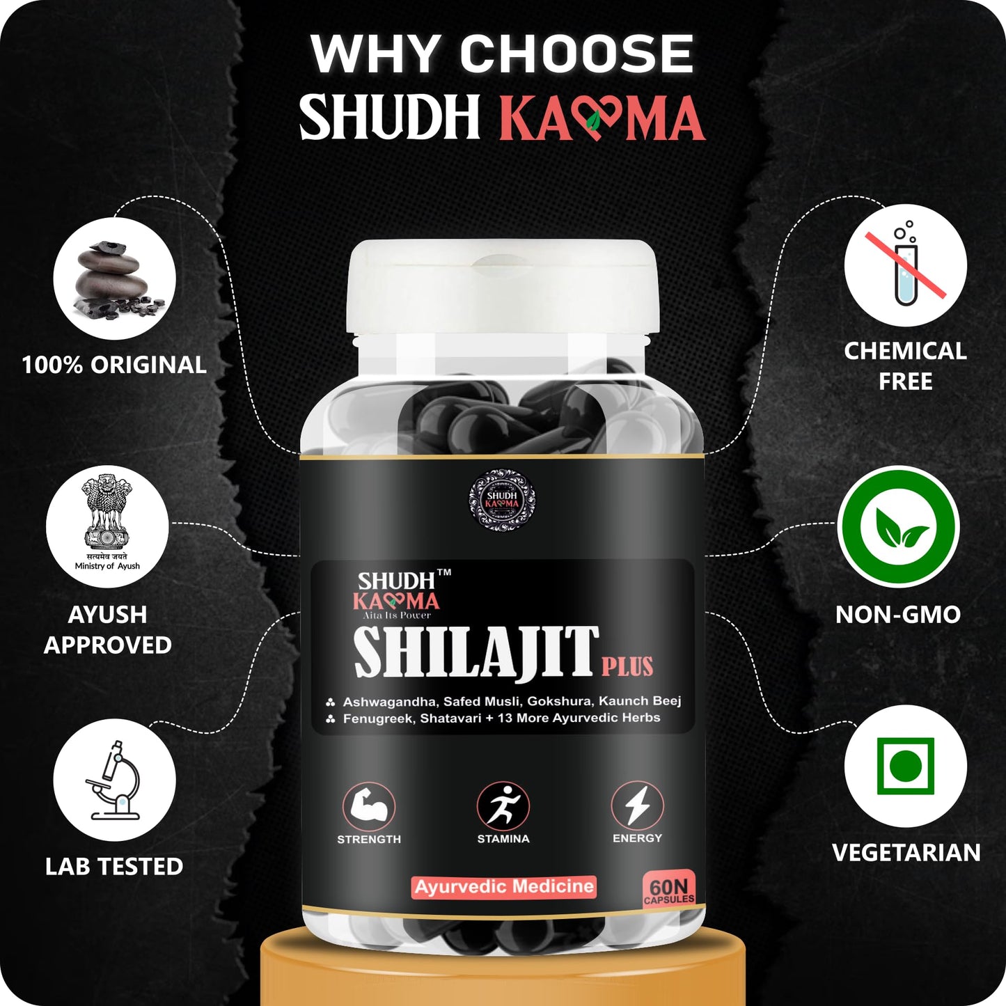 Shudh Kaama Shilajit Plus - AYUSH certified Original Himalayan Shilajit with Ashwagandha, Gokshura, Safed Musli for Strength & Muscle Gain - 60 Capsules