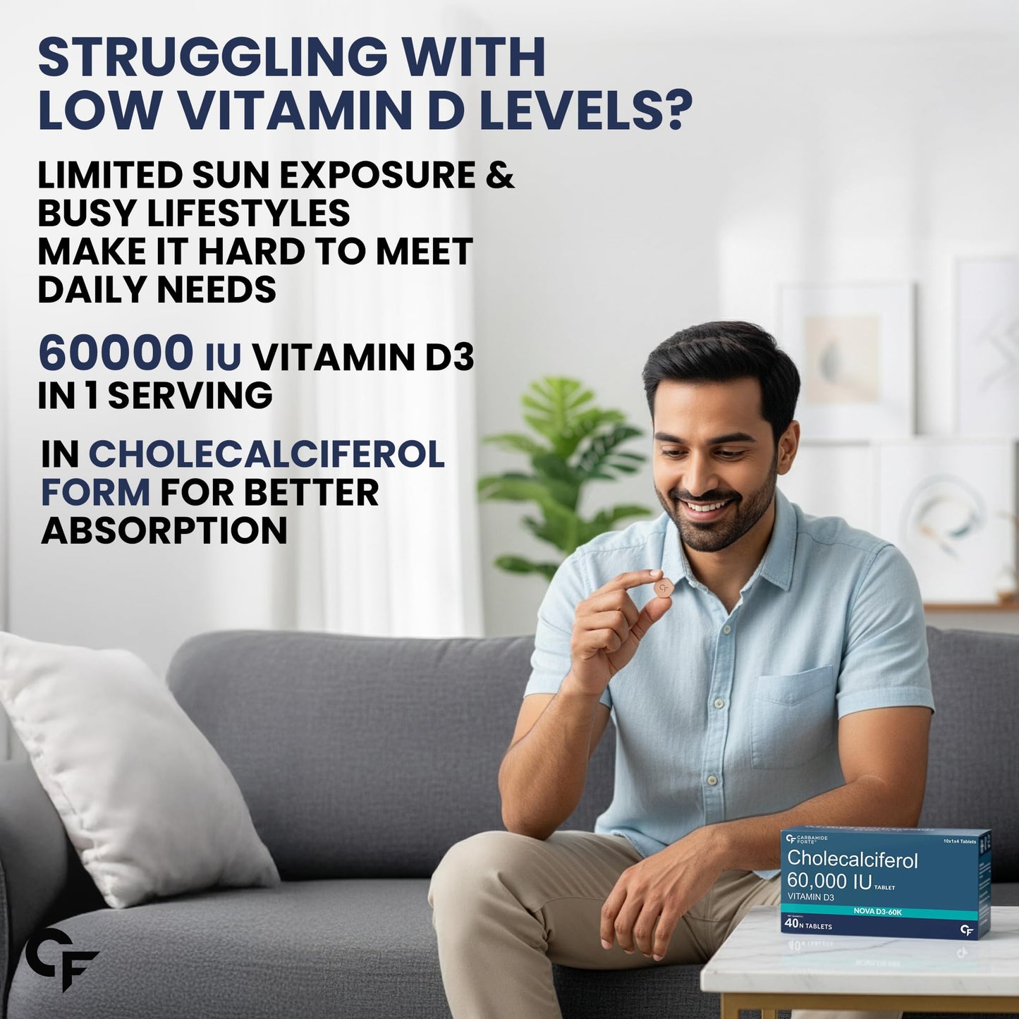 Carbamide Forte Vitamin D3 60000IU Tablets | Vitamin D3 60k Supplement | Vitamin D Supplements | Cholecalciferol 60000 iu Supplement for men & women | Orange Flavour - 40 Tablets